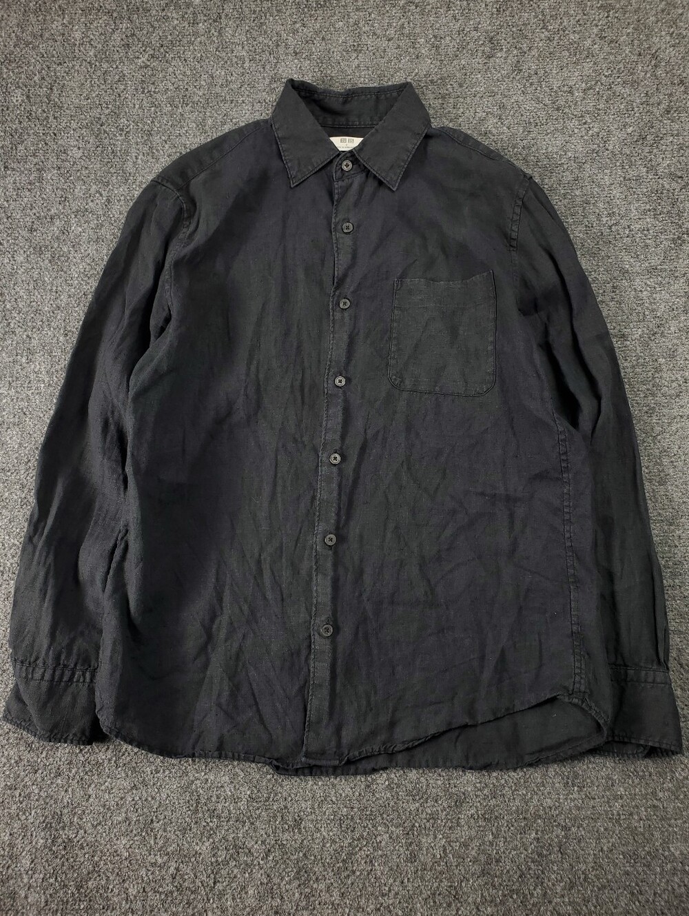 Uniqlo 100% Linen Shirt Mens Small Long Sleeve Black Button Up Summer Breathable - Picture 2 of 8